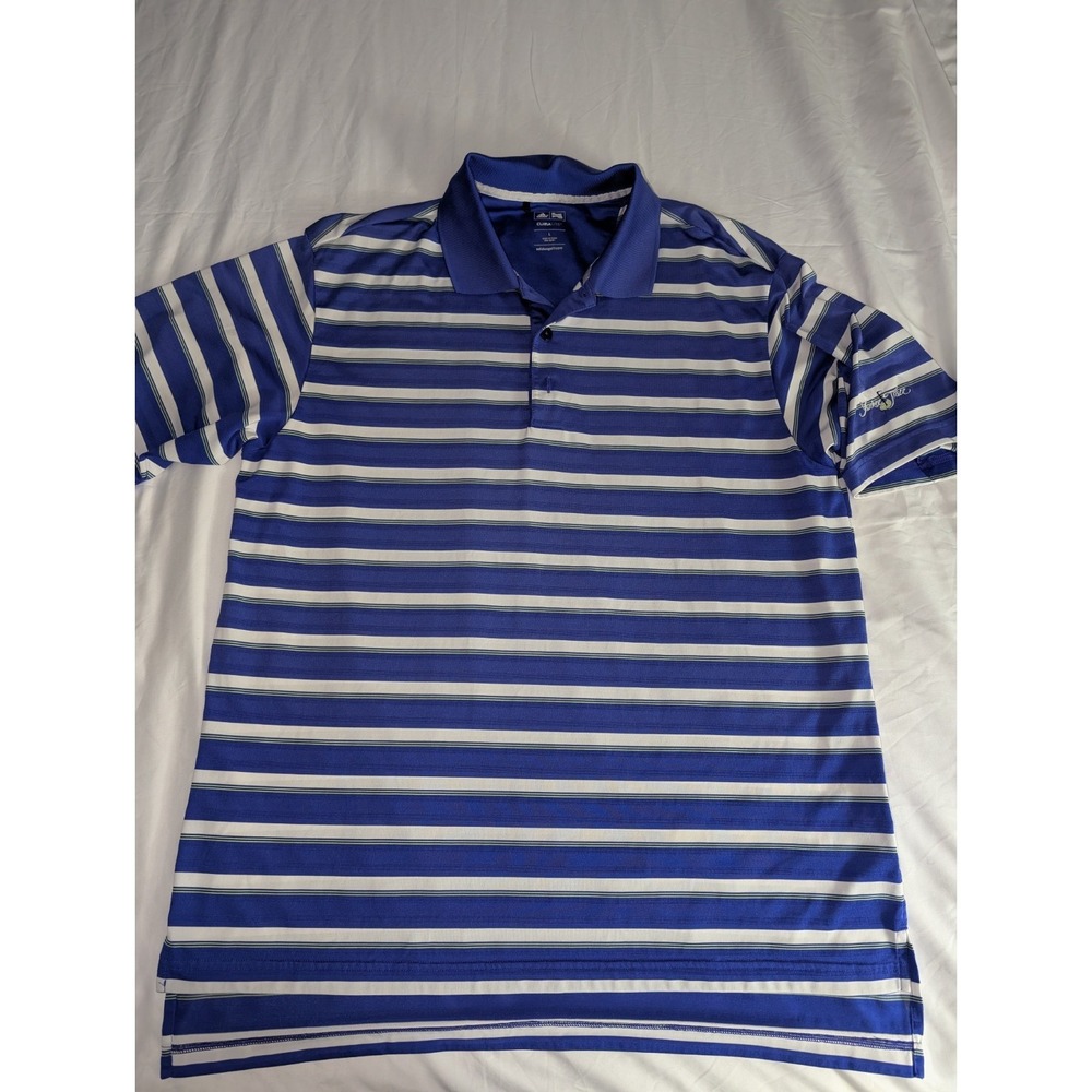 Adidas Climalite Mens Large Blue Striped Golf Performance Polo With‎ Course Logo